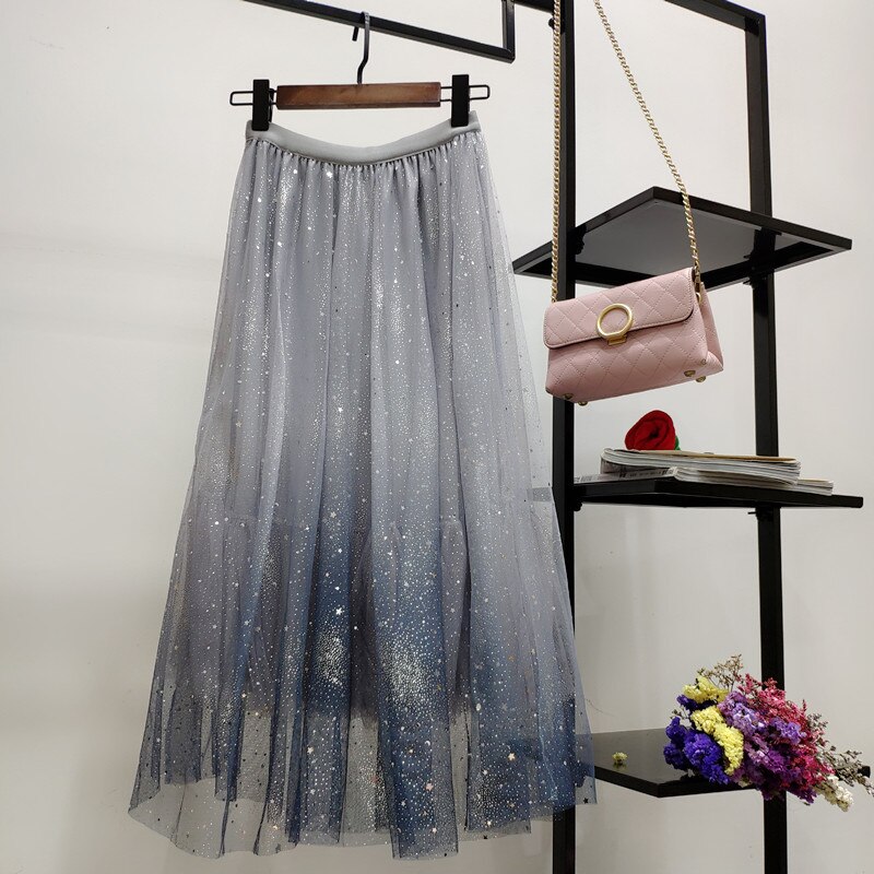 Falda de tul de Color degradado para mujer, falda larga plisada de cintura alta, línea A, falda rosa de tutú,: Gray under the blue