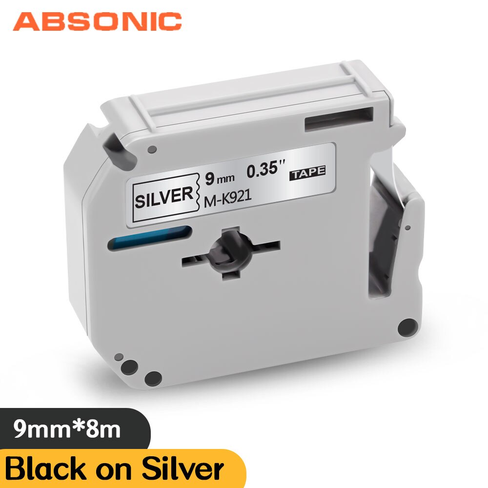 Absonic 8 Color 9mm Label Tape MK-121 MK-221 MK-421 MK-521 MK-621 Printer Ribbon Black on White For Brother Ptouch PT-80 Label M: Black on Silver / 12mm