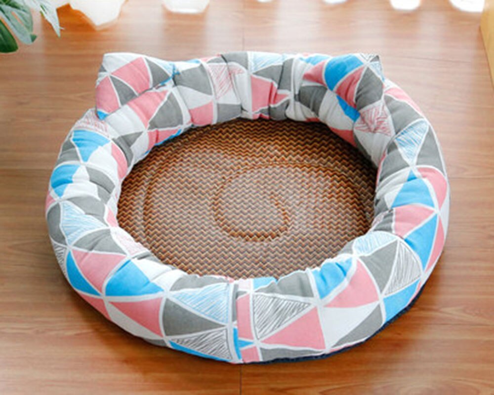 Canapé-lit rond de couleur pour chien, tapis confortable, nid de couchage pour chat mobile, lavable, fournitures universelles pour animaux de compagnie: Blue powder print / XL(60x60x14cm