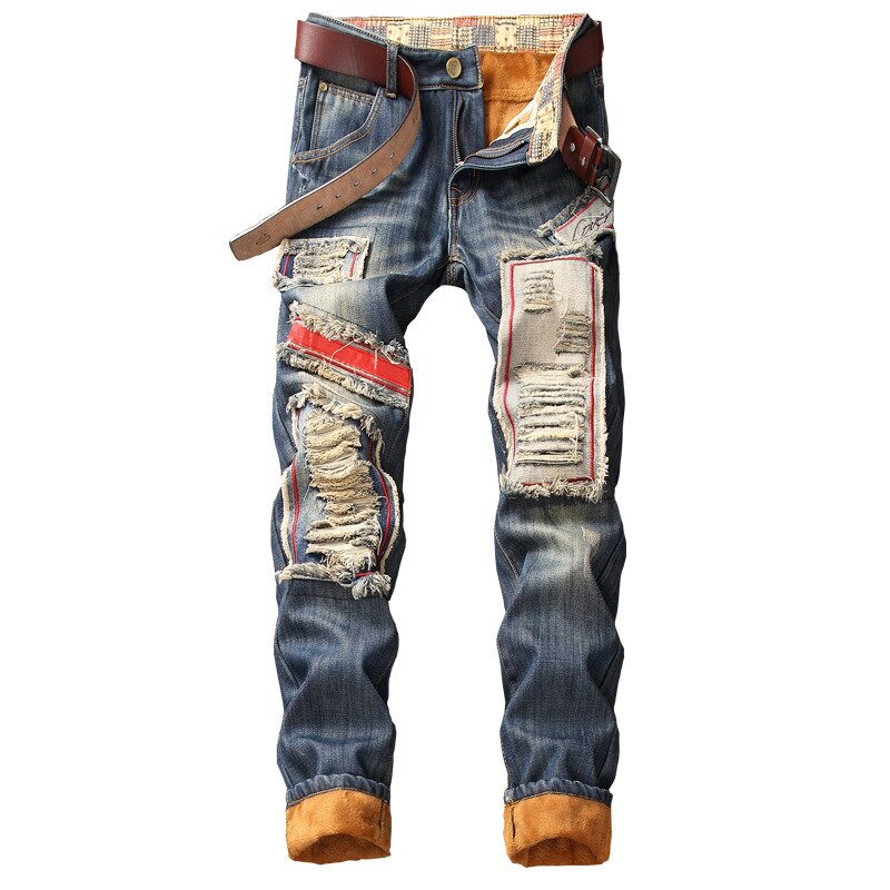 Mannen Winter Warm Ripped Jeans Broeken Fleece Vernietigd Denim Broek Dikke Thermische Verontruste Jeans Patchwork