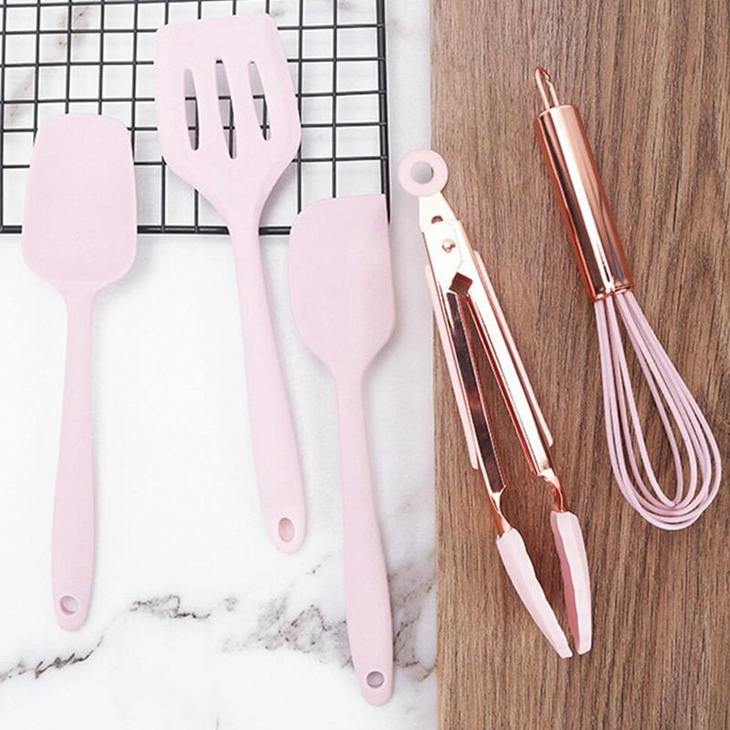 Pink Color Silicone Cooking Utensils Set Universal Egg Whisk Food Tongs Non-Stick Spatula Shovel Kitchenware 5PCS Kitchen Tools