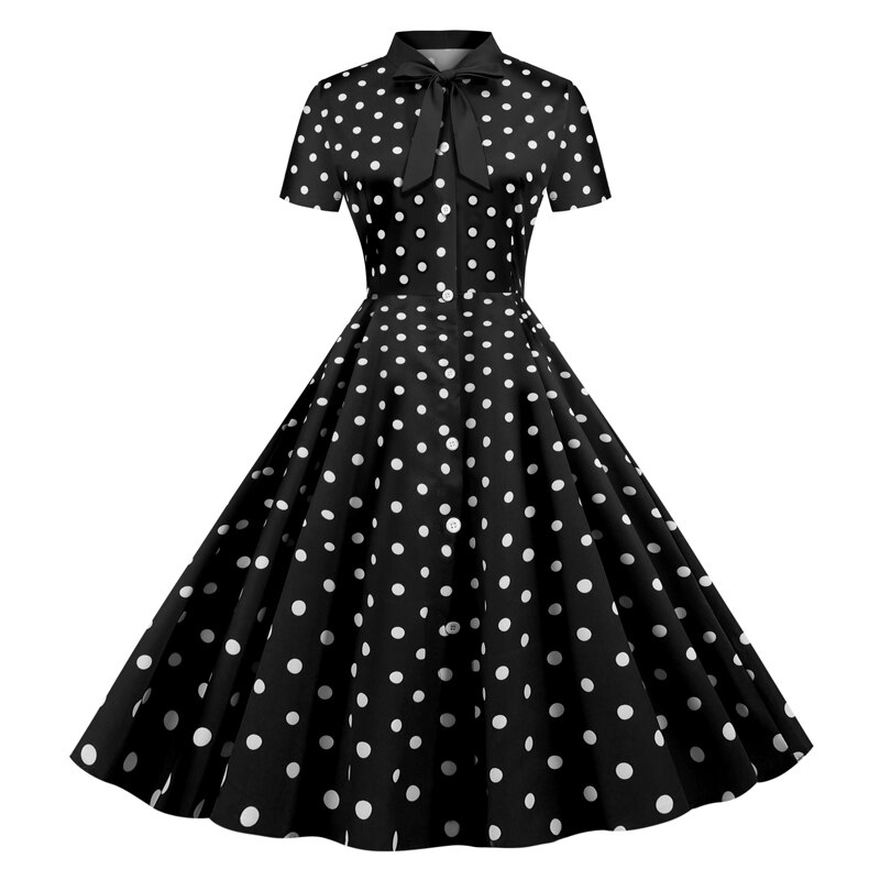 Tonval slips hals stribet vintage kvinder sommer skjorte kjole enkeltradet rockabilly casual swing kjoler: Sort med prikker / S