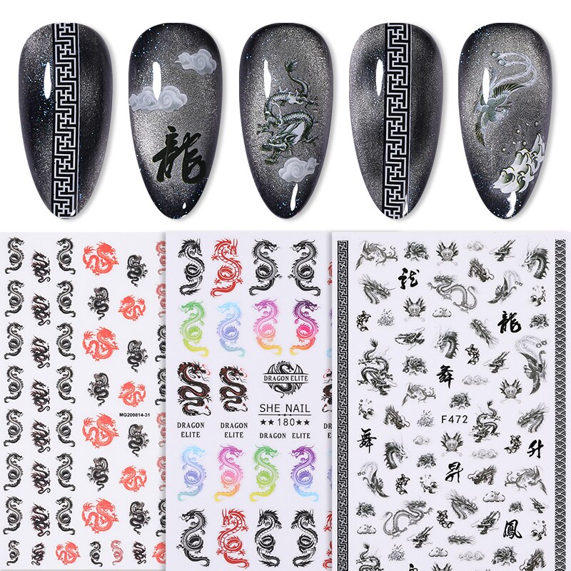 1 Vel Kleurrijke Chinese Draak Phoenixs 3D Nail Stickers Nail Stickers Diy Nail Art Decoratie