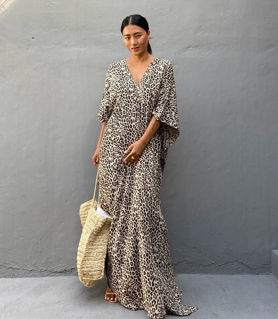 WeHello-Damen-Strand-Startseite-UPS für Bademode, Leopard Kaftan Kimono, Badeanzug Kap, Sommerkleid, Strand tragen Outfits, Tropfen Hüfte: MULTI
