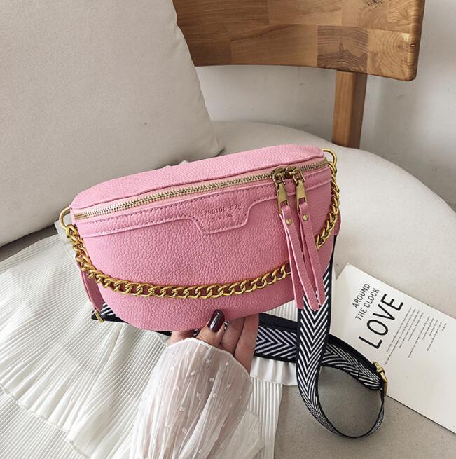 Women's Belt Bag PU Leather Chain Jin Mantang Bag On A Belt Wild Satchel Women Belly Band Waist Bag: Pink