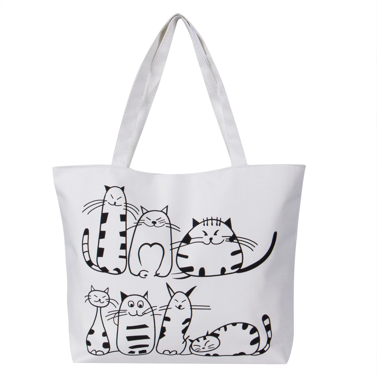 Nova moda mão desenhada gato dos desenhos animados sacos de lona impresso praia zíper grande capacidade saco lona tote compras bolsas: WHITE
