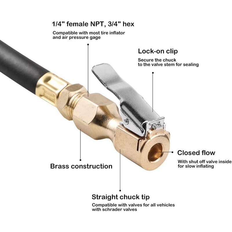 Heavy-Duty Brass Air Chuck, Closed Straight Tire Chuck Tire Inflator Pressure Meter Air Pump Compressor Accessories