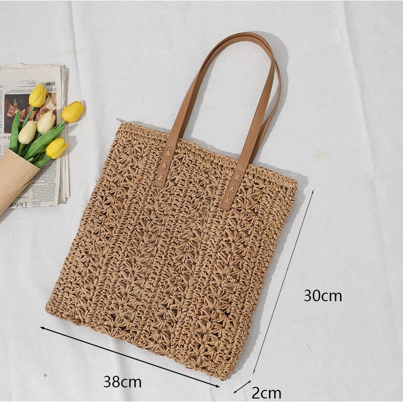 Vierkante Stro Strandtas Handgemaakte Geweven Schoudertas Vrouwen Raffia Shopper Reistas Bohemian Zomervakantie Casual Handtas Totes: d-khaki