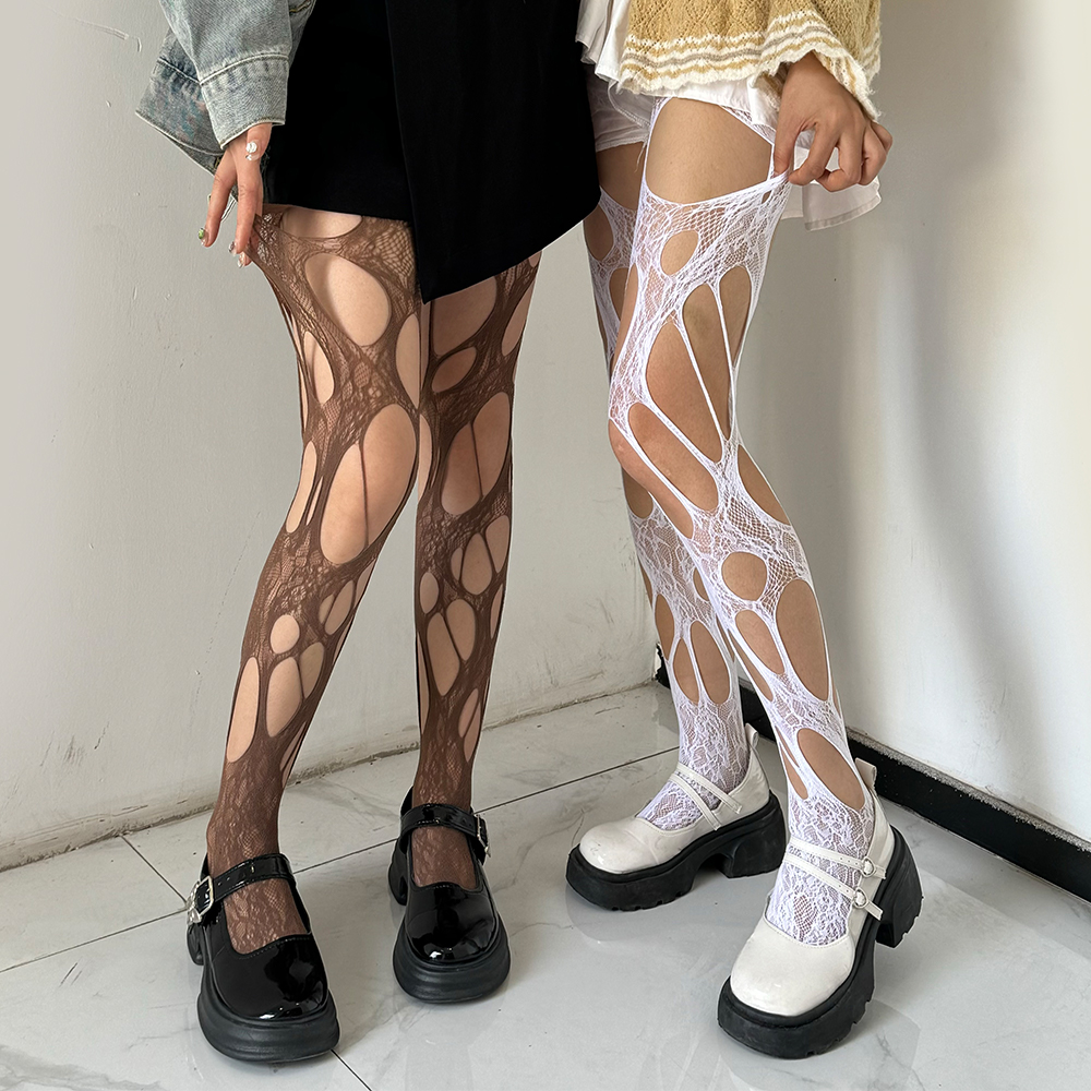Medias sexis Punk Para mujer con agujero roto, Ropa Interor Para mujeres, calcetines de red de pesca, pantimedias góticas Y2k de encaje rasgado para