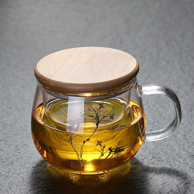 Transparent Glass Tea Cups Household Flower Teacups with Lid and Filter Heat Resistant Water Mug Office Drinkware: 500ml bamboo lid B