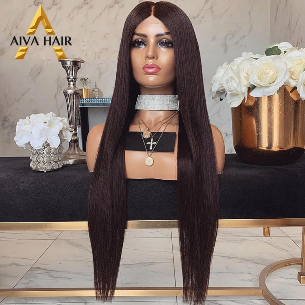 Aiva haar hoge temperatuur vezel synthetische kant voorpruik lijmloze lange middenscheiding cosplay pruik rechte pruiken voor zwarte vrouwen: 26 inch