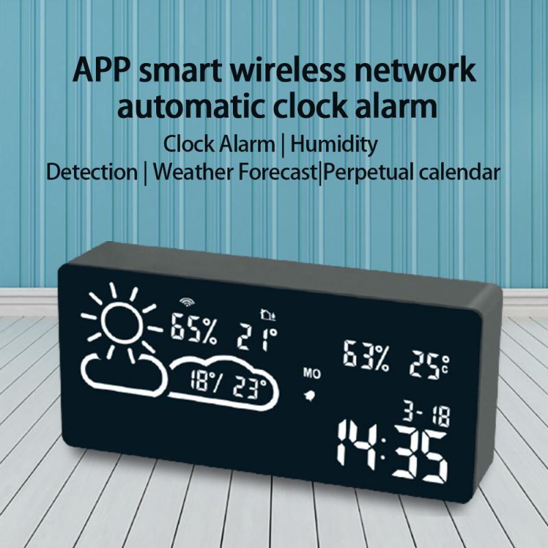 WIFI LED Digital Alarm Clock Radio With Temperature And Humidity Sensor Clock APP Control WIFI World Time Weather Forecast Clock