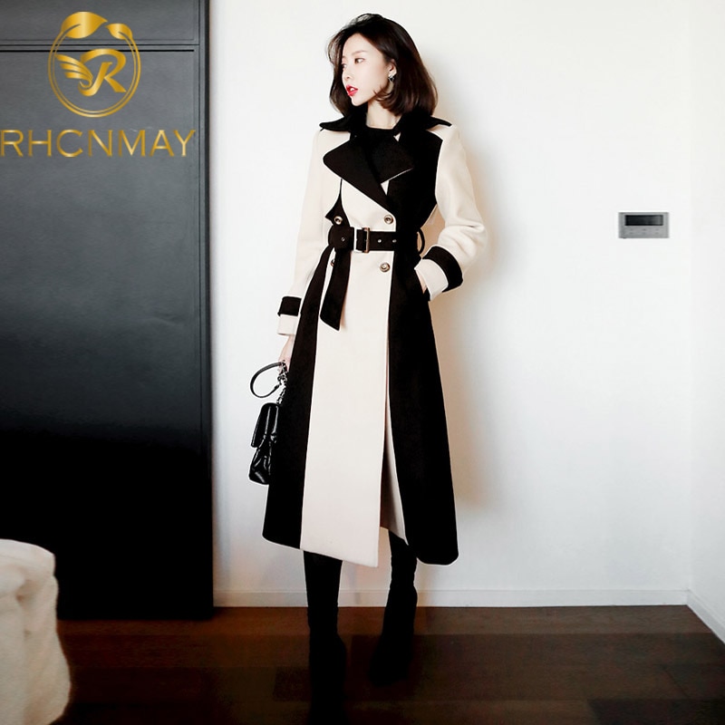 Trench-Coat en Tweed épais et pour femme, pardessus en laine, Double boutonnage, Patchwork, manches longues, coréenne, automne hiver