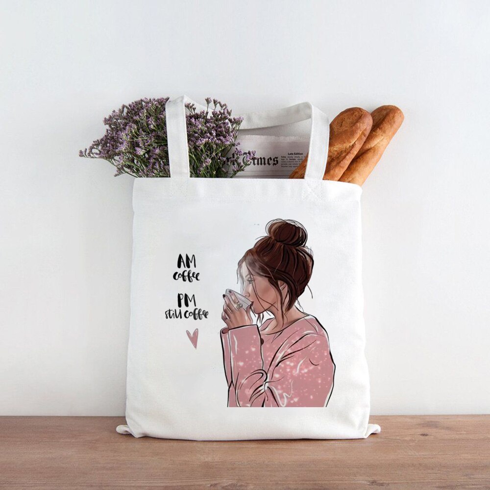 Canvas Shopping Bag Reusable Eco FriendlyTote Bag Coffee First Mom Life Shopper Book Bags Teacher Student Shoulder Bag Compra: B1645-TBWH-M