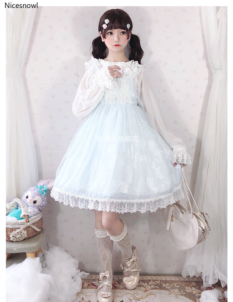 Kevät ja kesä japanilaiset tytöt kevyt mekko lolita jsk sininen pehmeä tyttöhihna lolita mekko naiset