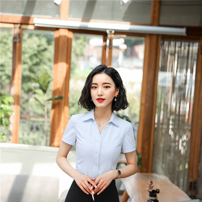 White Summer Short Sleeve Blouses & Shirts For Women Business Work Wear Blouse Female Tops Clothes Uniform Styles