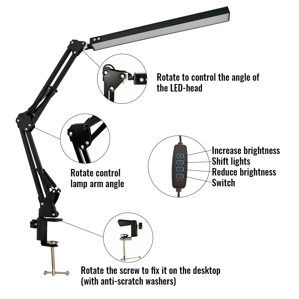 Led-bureaulamp met klem, 5/10w verstelbare zwenkarmen, 3 lichtstanden , 10 helderheidsniveaus, oogvriendelijk voor kantoor/studie/lezen.