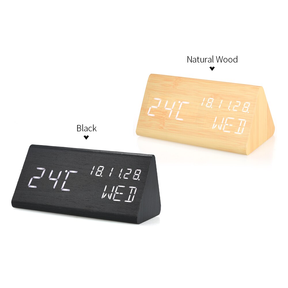 Wooden LED Alarm Clock Sound Control Digital Alarm Clock USB/Battery Powered Dimmer Thermometer Clock with 3 alarm Weekday Alarm