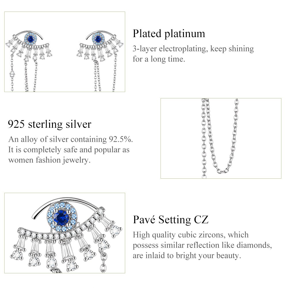 Glück Auge Ohrringe BISAER 925 Sterling Silber Glück Blue Eye Lange Quaste Bolzen Ohrringe Frauen Silber Schmuck EFE334