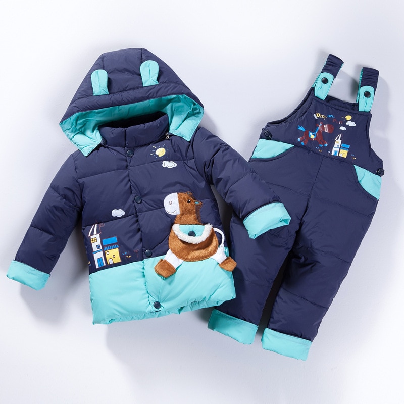Manteau d'hiver duvet de canard pour enfants | Ensemble de vêtements pour enfants, veste à capuche, pantalon, ensemble combinaison, dessin animé poney, combinaison de neige TZ123