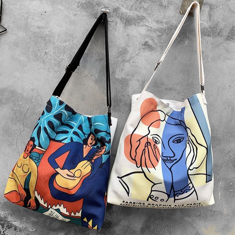 Matisse cartoon printing Ulzzang casual funny cartoon crossbody female large capacity art Vintage Harajuku canvas shoulder bags