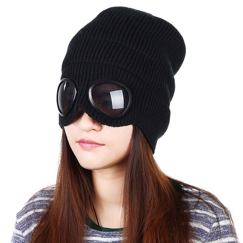 Dihope winter warme gebreide mutsen unisex volwassen winddichte skimutsen met afneembare glazen dikke sport multifunctionele