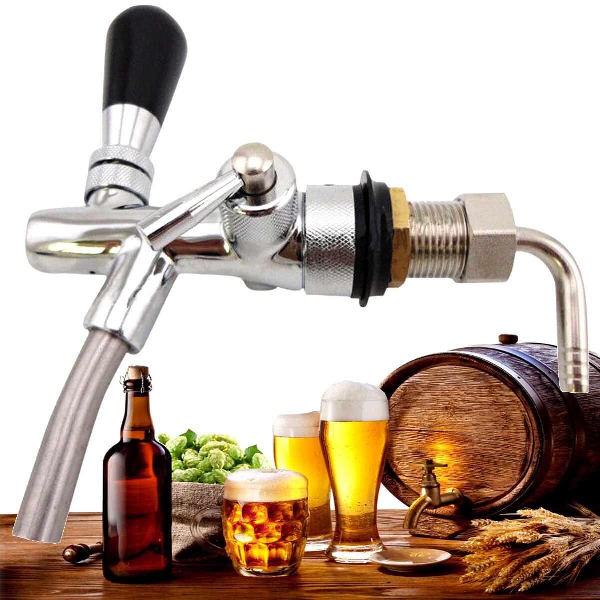 Adjustable G5/8 Draft Beer Faucet with Flow Controller Draft Shank Tap Chrome Plating for Keg Tap Homebrew Beer Wine Dispenser
