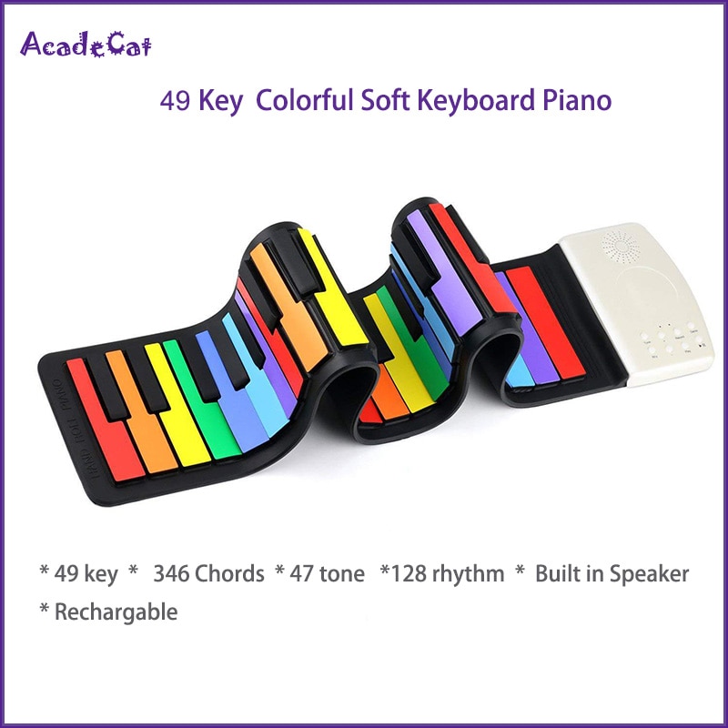 Roll Up Piano 49 Keys Silicone Portable Foldable Colorful Soft Keyboard Electronic Piano Rainbow Key rechargable