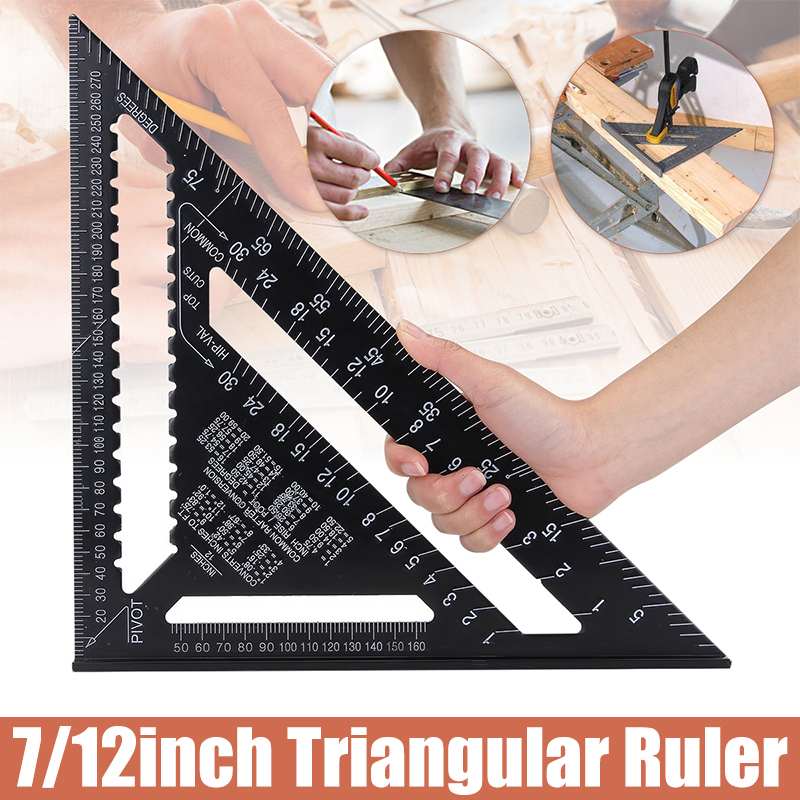 Black Angle Ruler 7/12 inch Metric Aluminum Alloy Triangular Measuring Ruler Woodwork Speed Square Triangle Angle Protractor