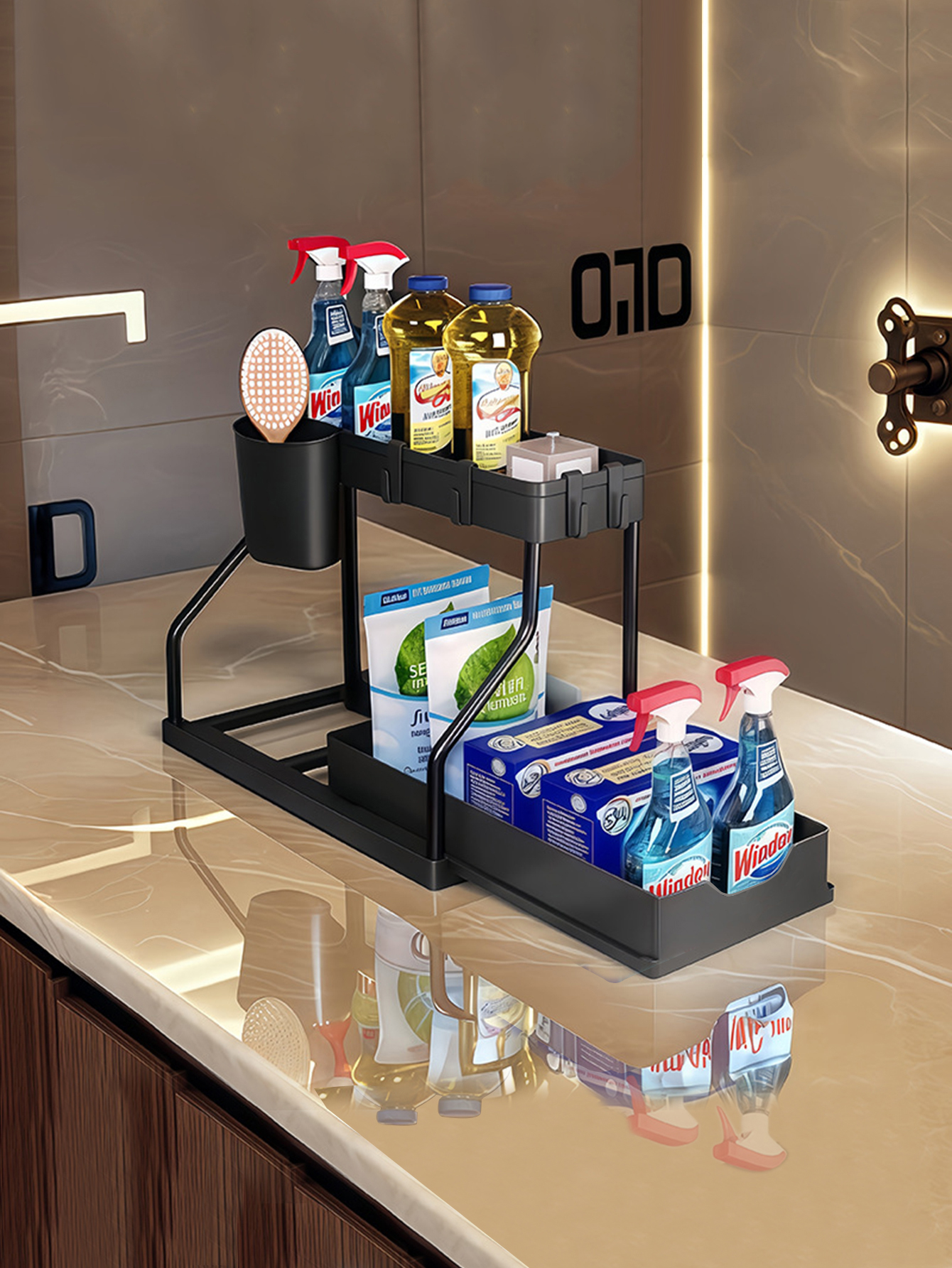 2 Tier Pull Out Organizer Under Sink for Kitchen Spices Bathroom Cosmetics Living Room Table Storage Cabinet