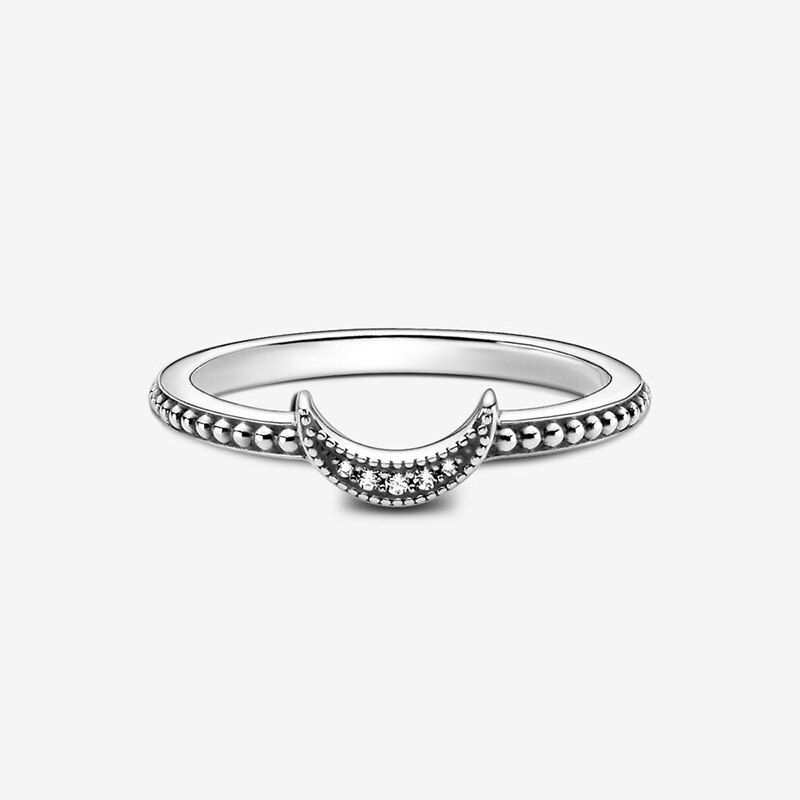 Winter 925 Sterling Silver Ring Crescent Moon Beaded Ring Women Engagement Anniversary Jewelry
