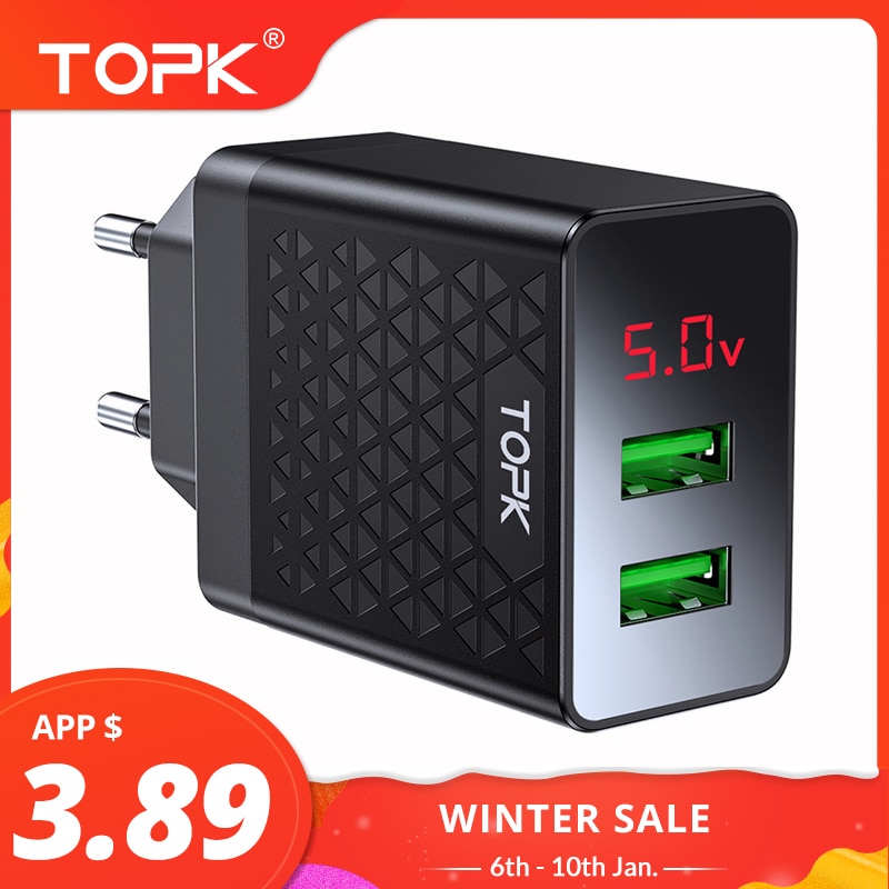 TOPK USB Ladegerät 2 Ports LED Digital Display Smart Handy Ladegerät für iPhone Samsung Xiaomi Huawei Wand Reise Adapter