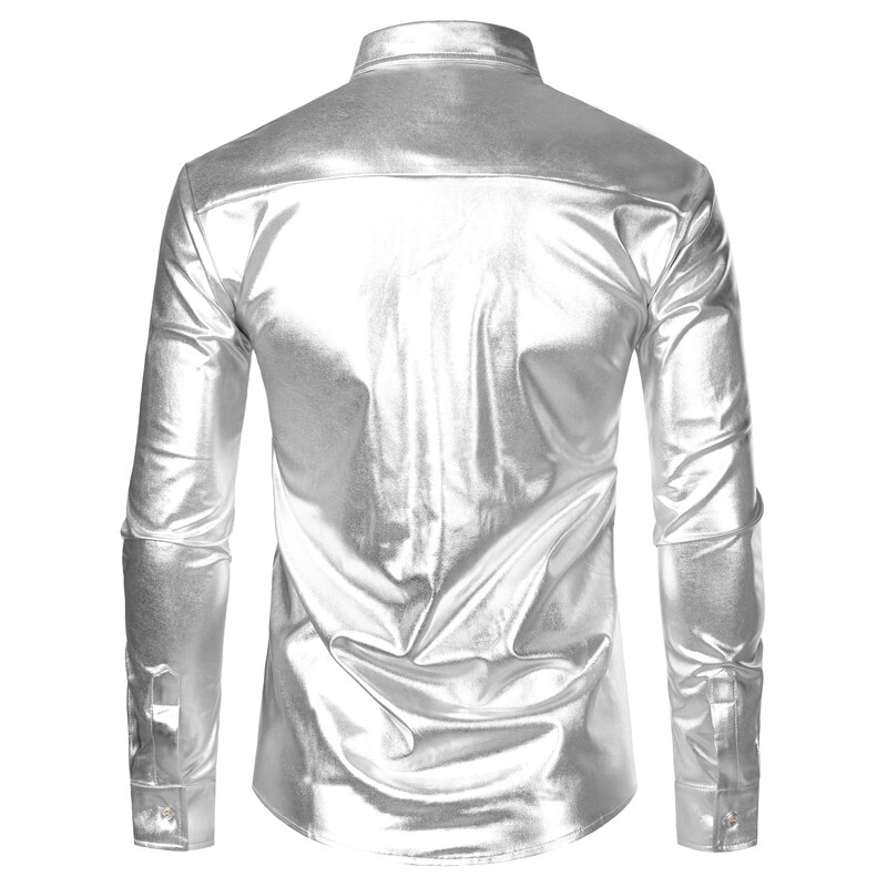 Camisas de escenario de plata metálica para hombre, ropa con lentejuelas embellecidas, Camisa Social para hombres, ropa Masculina para discoteca