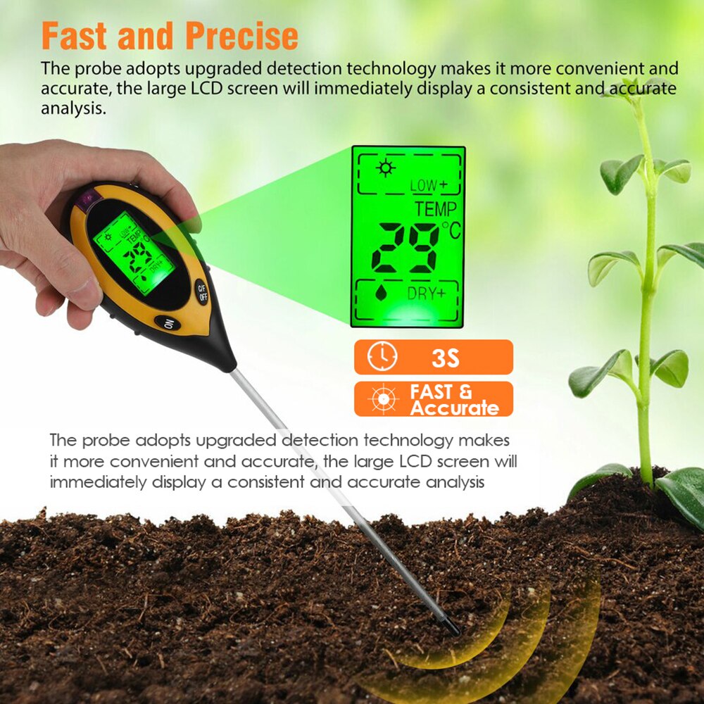 4-In-1 Digitale Bodem Ph Meter Vochtmeter Ph Niveaus Temperatuur Zonlicht Intensiteit Vochtigheid Tester Voor Tuin planten Zaaien