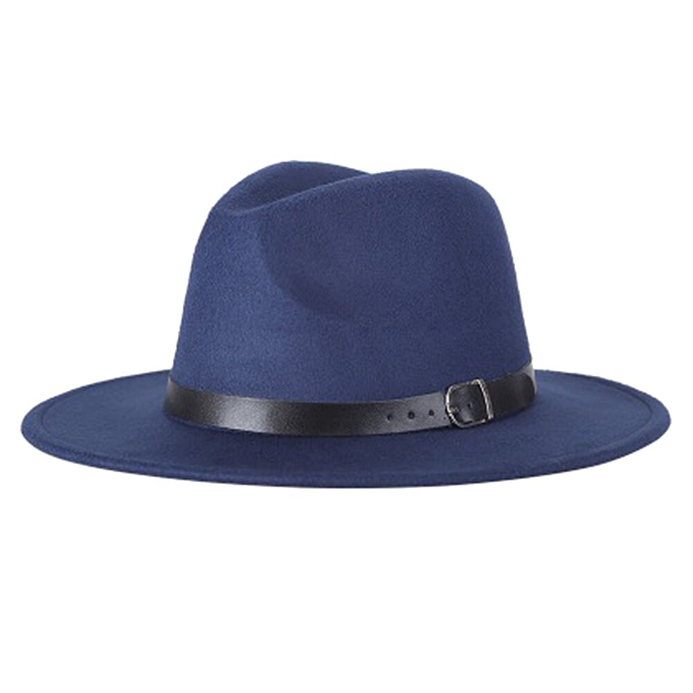 Filt fedora hat bred rand floppy sol hat panama cowboy hat til strand kirke unisex & t8: Blå