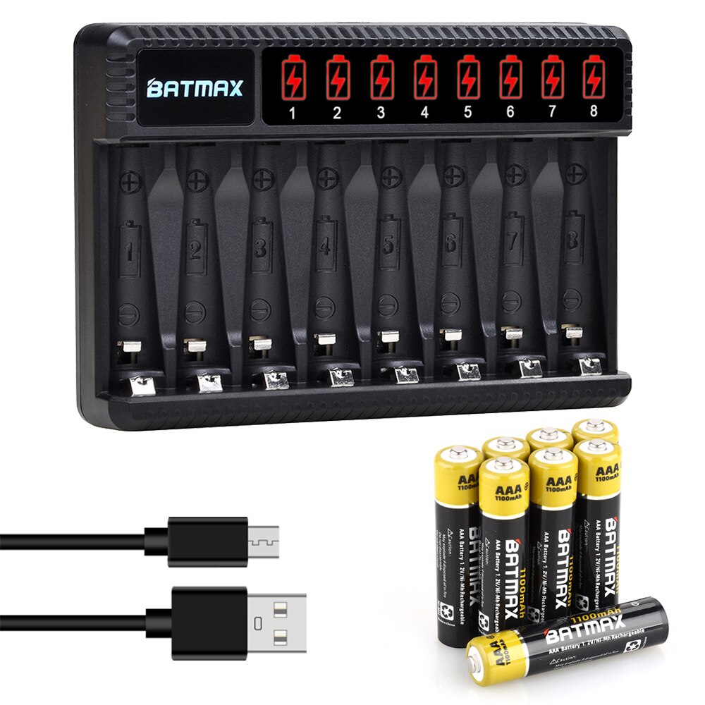 1.2v nimh aa batteri aa aaa oppladbart batteri  + 8- spor lader til lommelykter, fjernkontroller, lekebatteri: 8 stk aaa sett