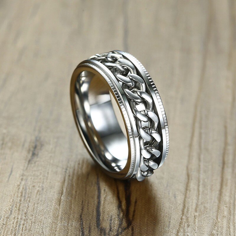 Men's Cuba Chain Spinner Ring 8mm Stainless Steel Wedding Band Silver Color Reliever Worry Rings Men Jewelry