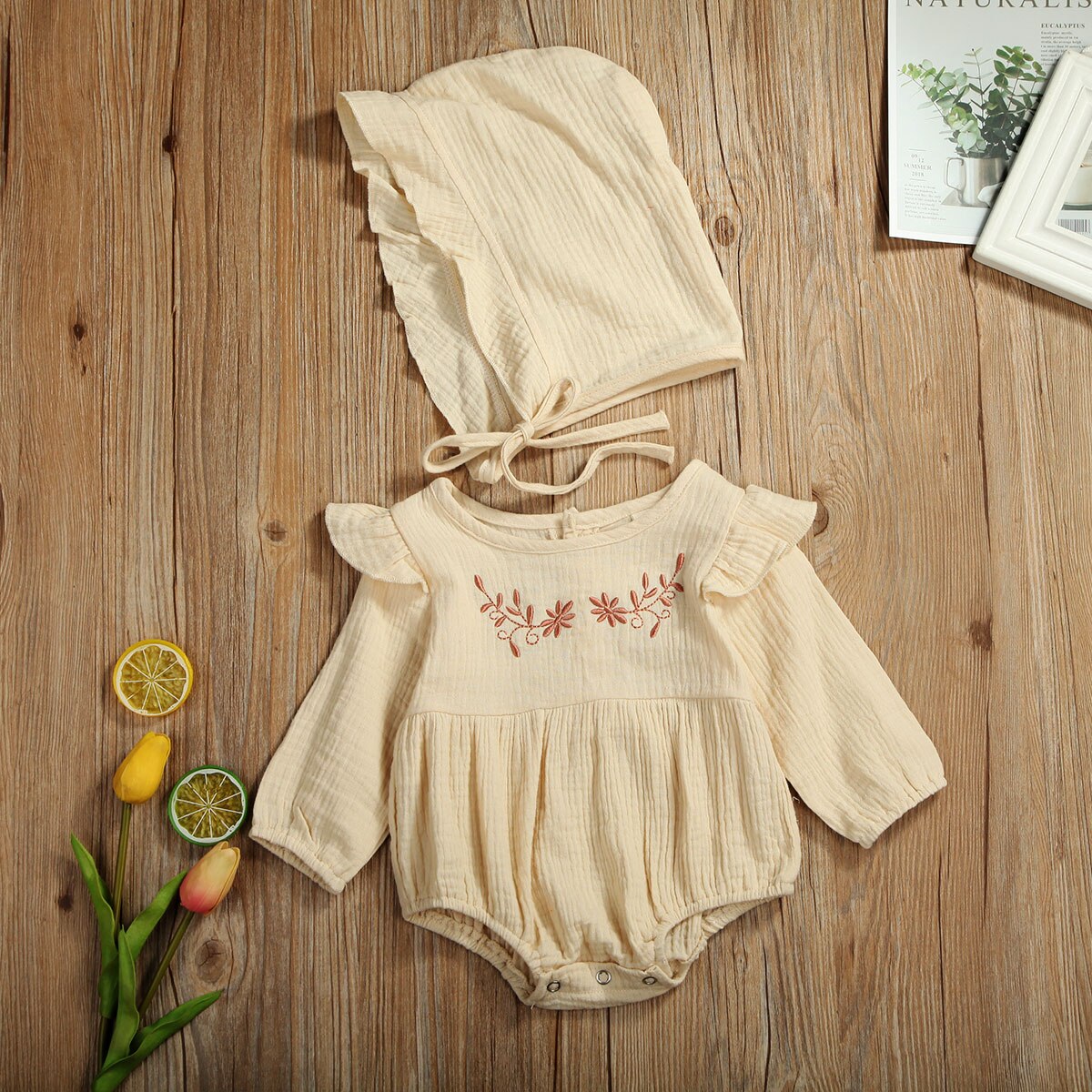 Newborn Baby Girl Boys Bodysuits Cotton&Linen Clothes Ruffle Sleeve Floral Print Jumpsuit Hat 2PCS Outfit