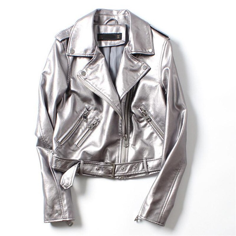 European Station Silver Female Pu Washing Machine Leather Jacket Coats Autumn Winter Belt Leather Jacket White Gold Color: Silver / L