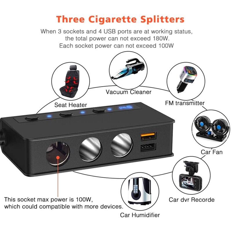 4 cargadores de coche USB, 180W de alta potencia Qc 3,0 interruptor independiente cargador de coche 3 en 1 Adaptador de coche