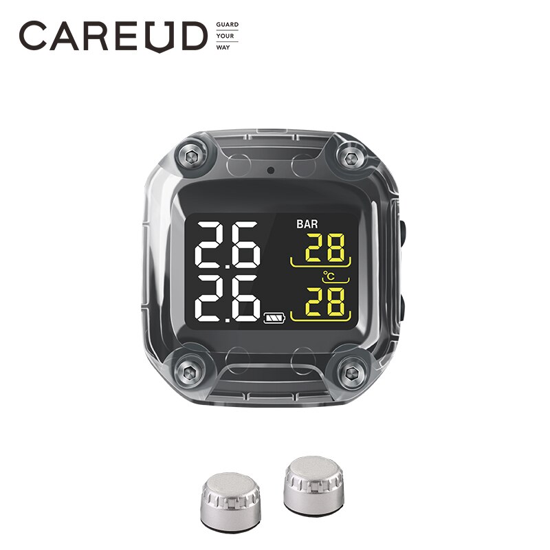 CAREUD Motorcycle Wireless TPMS Tire Pressure Monitoring System Digital LCD with Two External/Internal Sensors Easy to install: WI-Sliver