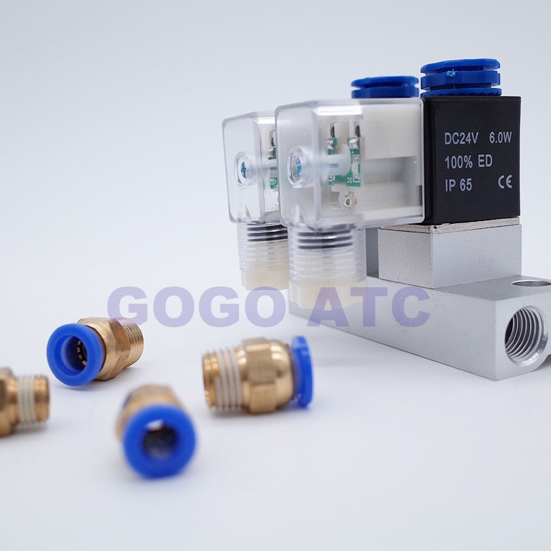 2 way valve 6W Pneumatic Aluminium solenoid valve sets 2V025-06/08 Port 1/8 1/4 BSP pushfit fittings 6mm electric valve manifold