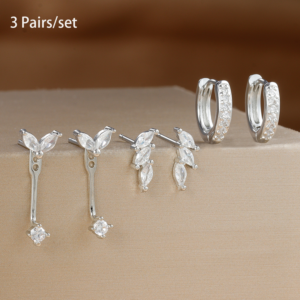 3 Pairs Exquisite Zircon Little Huggies Hoop Earrings Set for Women Stainless Steel Unique Cartilage Earring Piercing Jewelry: Rhodium Plated