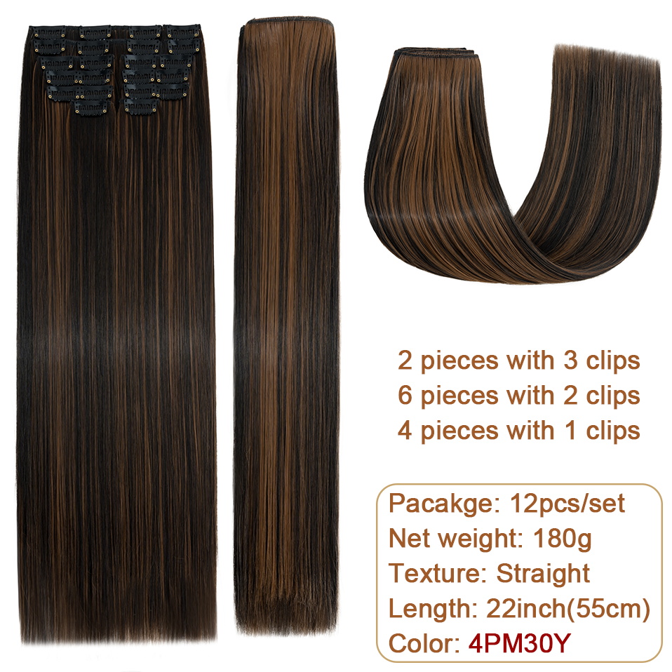BENEHAIR 180g Straight Clip in hair extensions 22" 12PCS Hair Extensions for Women Full Head Heat Resistant Synthetic Hairpiece: T4/27/30