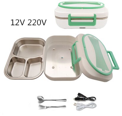 12V 24V 220V 1L Household Car Electric Heating Box With Stainless Steel Inner Mini Portable Electric Multi Cooker: green 12V 220V