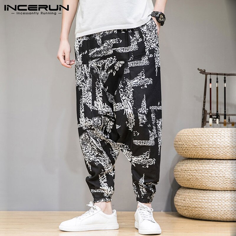 Incerun moda masculina impresso harem calças casual bolsos soltos joggers cintura elástica pantalon 2020 calças drop-virilha streetwear