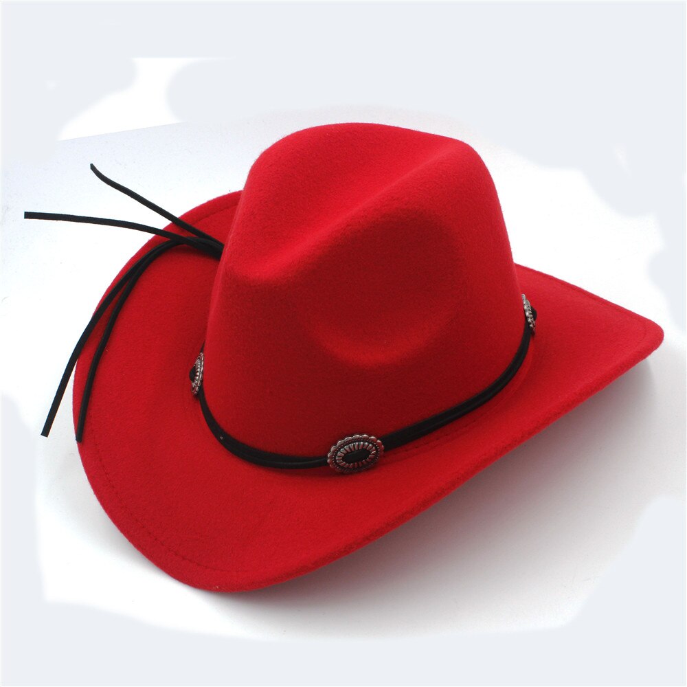 Uld barn kids western cowboy hat til dreng pige cowgirl jazz kirke kasket med læder toca sombrero kasket 4-9 år: Rød