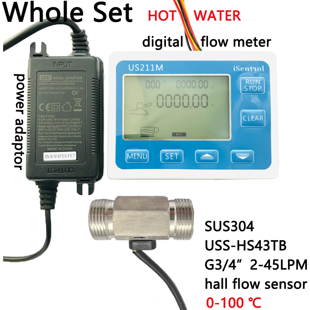 Medidor de flujo Digital de agua US211M, con Sensor de flujo SUS304, USS-HS43TB, G3/4 ", Sensor de flujo de Hall, 2-45LPM, iSentrol
