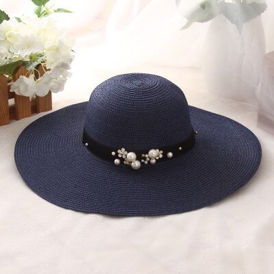 summer straw hat women big wide brim beach hat sun hat foldable sun block UV protection pearl panama hat bone chapeu feminino: Navy Blue