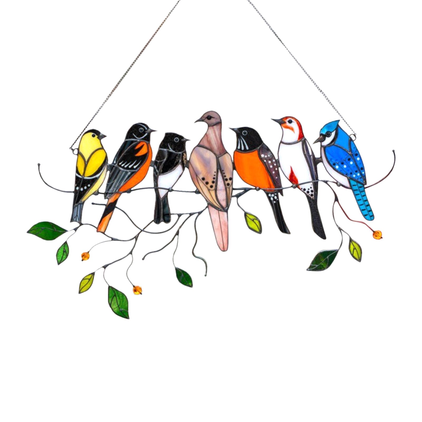 Window Panel Stained Glass Birds-on-a-wire Stained Glass Suncatcher Window Hanging Panel Bird Series Ornaments: Seven bird chime / Acrylic